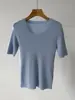 [BIELLA Alemão] Top de malha feminino de outono, 48 fios, 100% lã fiada fina, gola U, manga curta, elegante e que afina a silhueta