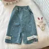 Jeans para niña, nuevo estilo francés de otoño, pantalones de otoño lavados para niños, pantalones rectos para bebé con ribete de encaje, modernos