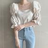Camisa de gasa con mangas abullonadas y plisadas, estilo francés elegante de Corea del Sur, suave, adelgazante, con escote cuadrado y diseño de cuello cuadrado para mujer