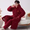 Pijama Masculino Acolchoado de Veludo Coral Três Camadas Outono e Inverno Veludo Espessado Pijama Longo com Capuz Roupas de Casa de Inverno