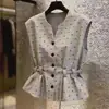 Blusa de Bolinhas Estilo Francês para Mulheres, Colete sem Mangas com Amarração na Cintura, Blusa Emagrecedora e Versátil, Blusa Cinza Elegante de Alta Qualidade
