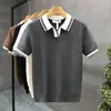 Camiseta fina de punto simple y elegante con cuello camisero para hombre, suéter casual de manga corta de seda helada de moda para hombre, camisa de verano de manga corta