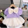 Camiseta de Verão de Manga Curta para Meninas Estilo Western para Bebês Moda Infantil Estilo Coreano Doce Laço Costas Abertas Top Vazado