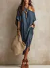 En stock 2026 Vestido de algodón y lino de un solo hombro estilo europeo y americano para mujer, corte holgado, mangas murciélago, longitud media, abertura, vestido de vacaciones, transfronterizo