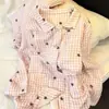 Estilo Casual Perezoso Estrellas Rosa Cuadros Femeninos Pijama Primavera y Otoño Manga Larga Pantalón Largo Cardigan Estilo INS Conjunto Ropa de Casa