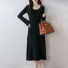2026 Nuevo Otoño Invierno 100% Lana Vestido Largo de Punto para Mujer Manga Larga Por Encima de la Rodilla Adelgazante Favorecedor Suéter de Capa Interior