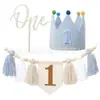 Set de Cumpleaños Número 1 Transfronterizo con Sombrero de Tela Plisada de Algodón, Bandera para Trona, Tarjeta Insertable para Sombrero con Flor de Borla de Cuentas de Madera Ins