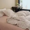 Conjunto de capa de edredom e lençóis de algodão puro de camada dupla com renda simples minimalista, amigo da pele, para todas as estações, conjunto de cama para quarto