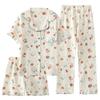 Pijama Delgado de Algodón para Mujer para Verano, Gasa de Algodón Puro, Holgado y Sencillo, Diseño de Conejo, Manga Corta, Pantalones Largos, Conjunto de Shorts, Conjunto de Tres Piezas