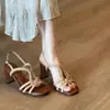 Primer Encuentro con las Sandalias Romanas Tejidas de Estilo Francés Vintage del Sur de Francia para Mujer, con Tacones Gruesos, Punteras Abiertas y un Diseño Versátil, Cómodo y de Tacón Alto que No Cansará Tus Pies