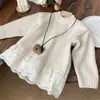 Suéter feminino, estilo coreano, espessado, blusa de tricô de comprimento médio, com acabamento em renda, design moderno e simples