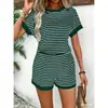 Em estoque primavera, verão, outono Shein AliExpress TK T-shirt listrada e conjunto de shorts de tricô transfronteiriços europeus e americanos