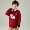 Suéter infantil de lã pura para meninos e meninas, gola redonda solta, estilo doce e fofo, blusa base de malha com ovelhinha de desenho animado