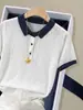Top de punto de manga corta con cuello polo bicolor para mujer, nueva moda 2026, elegante, versátil, adelgazante A13993