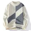 Suéter Masculino Gola Meia-Alta Blocos de Cor Tricô Outono Inverno Aconchegante Trançado Solto Casual Pulôver Camada Base Suéter de Lã Masculino