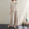 Conjunto Feminino Verão Algodão e Linho Estampado Retrô Pulôver Manga Curta Calça Wide Leg Leve Conjunto de Duas Peças