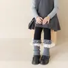 Zapatos y calcetines para niñas, otoño e invierno, con bordes rizados, moño y dulce detalle de encaje floral, de altura media hasta la pantorrilla