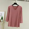 Camiseta Modal estilo coreano de manga três quartos para mulheres, peça para usar por baixo no outono, gola V que afina, top liso soltinho e versátil