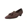 Mocasines de Ante con Borlas Estilo Británico Tacón Kitten Punta Cuadrada Piel Genuina Corte Profundo Zapatos de Mujer 2026 Primavera Tacón Medio