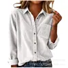 Outono Inverno Novo Listrado Lapela Manga Longa Feminina Veludo Cotelê Casual Solta Grossa Camisa Feminina Jaqueta com Emblema