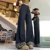 Jeans de retalhos xadrez plus size com bainha dobrada e perna reta para mulheres, soltos e modeladores, calças casuais largas de comprimento total