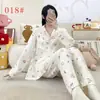 Pijama Feminino 2026 Novo Outono e Inverno Algodão Nuvem Conjunto de Roupa para Casa Desenho Animado Manga Longa Feminino Gola Lapela Outerwear