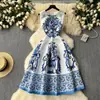 Vestido estampado estilo palacio vintage para mujer, francés de alta gama, cintura ajustada, adelgazante, elegante, sin mangas, de longitud completa