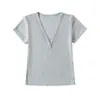 Camiseta de Estilo Americano Personalidad Chica Atrevida Cuello en V Manga Corta Ajustada Mujer Retro Calle Cuatro Botones Casual Básica Color Sólido Top Pequeño