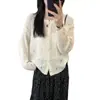 Cardigan de Tricô Amarelo Fino de Primavera, Levemente Transparente, Design Estilo Coreano, Com Recortes, Gola Redonda, Manga Longa, Peça Externa Curta para Mulheres