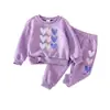 Conjunto de Outono Inverno para Bebê Menina com Pelúcia Interna Roxo Taro Estampa de Coração Moletom Calça Jogger Conjunto Quente de Duas Peças para Menina Pequena
