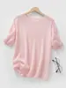 Camiseta gola redonda, modelagem solta, barra dobrada, pronta para usar, manga curta, casual, versátil, top de tricô, estilo fino, veludo de verão feminino