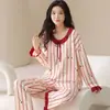 Conjunto de Pijama Feminino 100% Algodão para Primavera e Outono, Manga Longa Calça Longa, Pode Ser Usado Fora de Casa, Estilo Coreano Casual Listrado Conjunto de Roupa de Casa