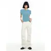 Camiseta Azul de Algodão Puro com Ombro Normal de Manga Curta para Mulheres Primavera/Verão 2026 Nova Slim Fit Cor Sólida Versátil Camada Base Top Pesado