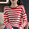 Suéter de Algodón Completo para Primavera y Otoño para Mujer, Tejido de Punto Rayado Estilo Coreano, Corte Holgado, Camiseta Base Delgada, Top Versátil, Venta al por Mayor