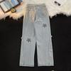 Jeans hip hop con cordón para hombre, moda nacional, parche de estrella, pantalones de pierna ancha, High Street, pantalones rectos holgados de talla grande para hombre