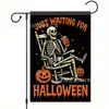 Nueva Bandera de Jardín de Poliéster Impreso de Doble Cara con Patrón de Calabaza de Halloween, Gato y Bruja, Bandera de Decoración para Patio Exterior