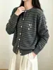 Cárdigan de punto a rayas estilo perezoso de terciopelo Andy de dos tonos para mujer, cuello redondo, corte holgado, adelgazante, suéter versátil, abrigo de otoño e invierno