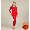 Roupa íntima de ano de nascimento masculina térmica feminina vermelho vivo forrada com fleece roupas de outono calças compridas casal casamento