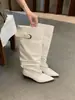 Botas de Cano Largo Europeias e Americanas Retrô Bico Fino Plissadas Empilhadas Coberturas de Bota Manga Decoração com Fivela de Couro Botas Altas Não Acima do Joelho Botas de Equitação