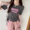 Playera de Manga Corta con Hombro Derecho Descubierto para Mujer Verano 2025 Nuevo Diseño Playera Corte Ajustado Estilo Occidental Algodón Puro Cuello Redondo