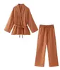 Conjunto de Moda 2025 Nuevas Llegadas de Primavera, Ropa Femenina Transfronteriza Europea y Americana, Abrigo Estilo Kimono de Doble Botonadura + Pantalones de Pierna Recta para Mujer