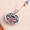 Colgante de plata de ley s925 con candado de larga duración y carácter fu, candado de plata, estilo étnico vintage, esmaltado, collar con candado Ruyi, colgante de cadena para suéter