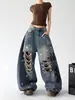 Jeans Azuis Rasgados Feminino Masculino 2026 Verão Novo Estampa de Letras Perna Larga Longo Casual Calças Xintang Fronteira Estoque