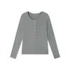 Camisa Básica Henley para Mulheres em Tencel Lyocell e Lã de Ovelha, Manga Longa para Outono e Inverno com Botões de Madrepérola e Listras de Acetato