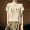Nova Camiseta Feminina de Gola Redonda em Liocel Fio Fino para Primavera e Verão, Confortável, Respirável, Leve, Pulôver de Manga Curta com Estampa