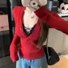 Cardigan de Tricô Vermelho Decote V Puro Sexy para Natal e Ano Novo, Top Camada Base, Suéter de Manga Longa para Roupas Externas para Mulheres