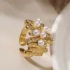 Anillo Abierto Geométrico Irregular Aogou Moda Lujo Ligero Chapado en Cobre Oro de 18 Quilates Incrustado Circonita Perla Anillo Versátil para Dedo de Mujer