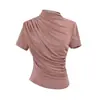 25 Nuevo de Verano para Mujer Estilo Europeo y Americano Diseño de Color Sólido Cuello Alto Manga Corta Malla Base Superior Camiseta