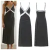 Ropa de Mujer al por Mayor Transfronteriza 2026 Estilo Resort Chica Picante Cuello en V Bloque de Color Encaje Patchwork Lunares Vestido Largo con Tirantes