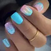 Escamas de Pez de Sirena Uñas Portátiles Degradado Azul Polvo Morado Lámina de Oro Estilo Marino Longitud Media Cuadrado Manicura Pegatinas para Uñas Postizas